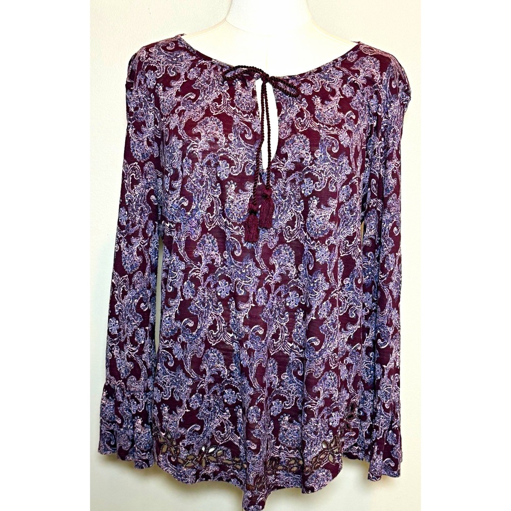 Lucky Brand Burgundy Paisley Embroidered Tassel Tie Neck Knit Blouse Women M